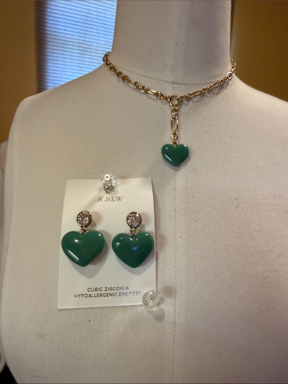 J. Crew Factory Gold-Tone Chain Necklace and Green Heart Drop Earring Set